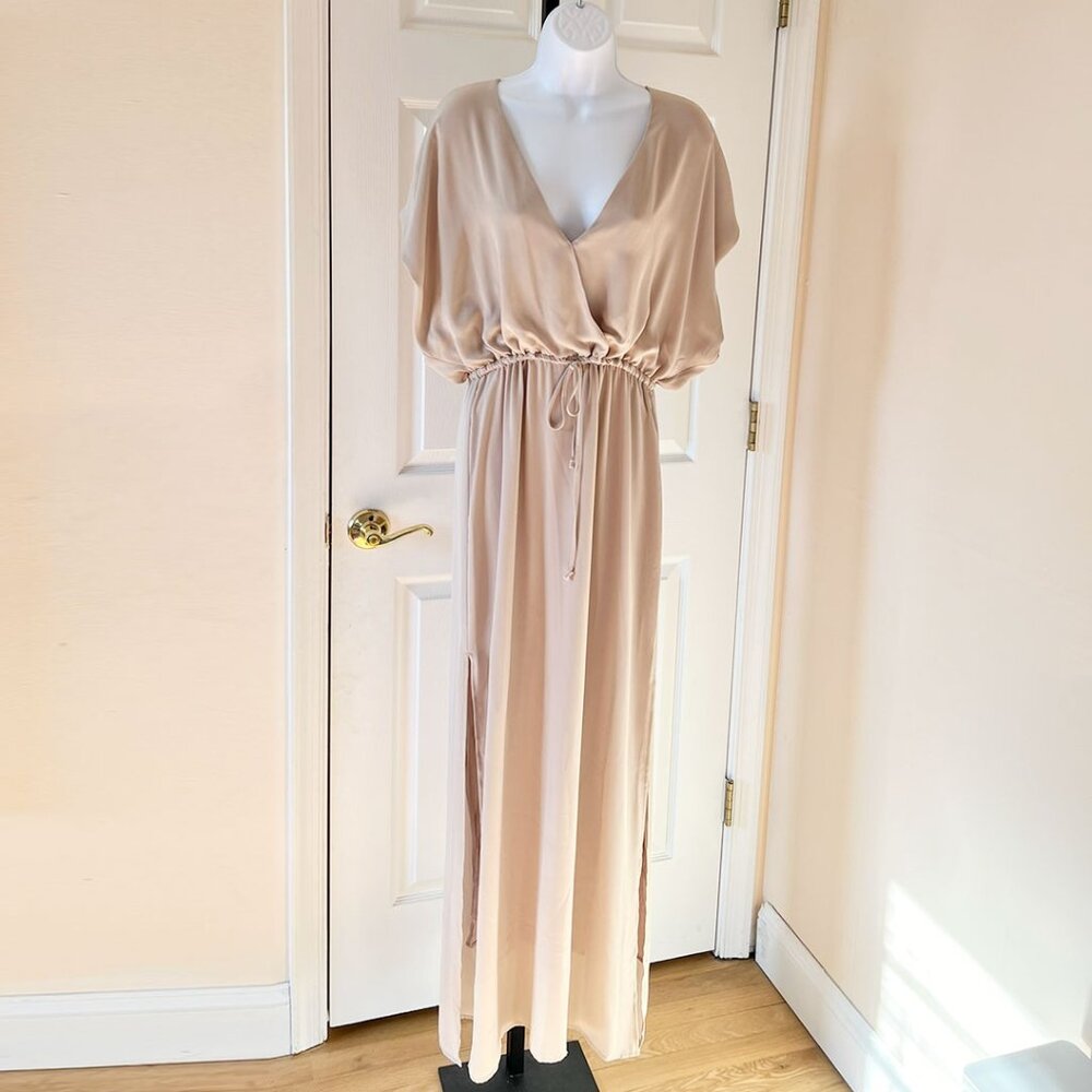 V-Neck Surplice Maxi Dress with dolman sleeves, Slits on Both Side, Tan, Size S